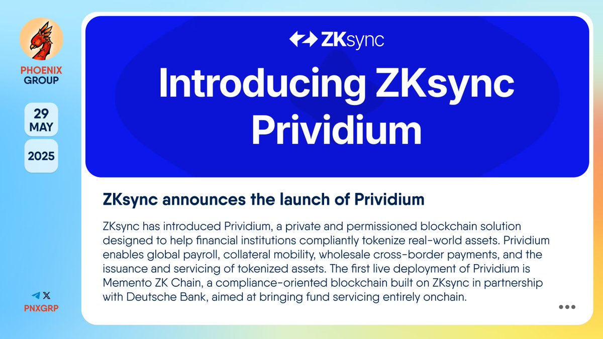 🚀 @ZKsync announces the launch of Prividium #ZKsync has introduced  #Prividium, a private and permissioned blockchain solution designed to help  financial institutions compliantly tokenize real-world assets. Prividium  enables global payroll, collateral ...