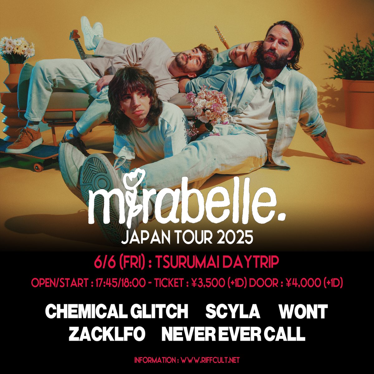 mirabelle. <a href="/BandMirabelle/">mirabelle.</a>🇫🇷
Japan Tour 2025

🗓️6/6(金)
🏰鶴舞DAYTRIP
⏰17:45/18:00
🎫¥3500+1D/当日¥4000+1D
🚭会場内禁煙 📸撮影OK
w/
Never Ever Call <a href="/NeverEverCall_/">Never Ever Call</a>
ZACKLFO <a href="/zacklfo/">ZACKLFO</a>
SCYLA <a href="/Scyla_Japan/">SCYLA</a>
Chemical Glitch <a href="/chemiguri/">Chemical Glitch</a>
WONT <a href="/WONT_official/">WONT</a>

🎫tiget.net/events/400623