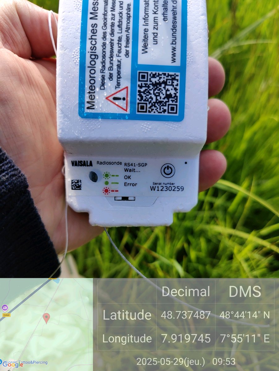 f1tke's tweet photo. Number : W1230259
Launch Site : Idar-Oberstein (DE)
Type: RS41
Date Of Manufacture: 2024-03-20
AUX: NO
Frequency: 402.70 MHz
Max Speed: 193 km/h at 11142 m
Average Speed : 55.85 km/h
Max Altitude: 36720 m
Average Ascent Speed : 4.89 m/s
Average Descent Speed : 19.97 m/s https://t.co/oGCouKzjSI