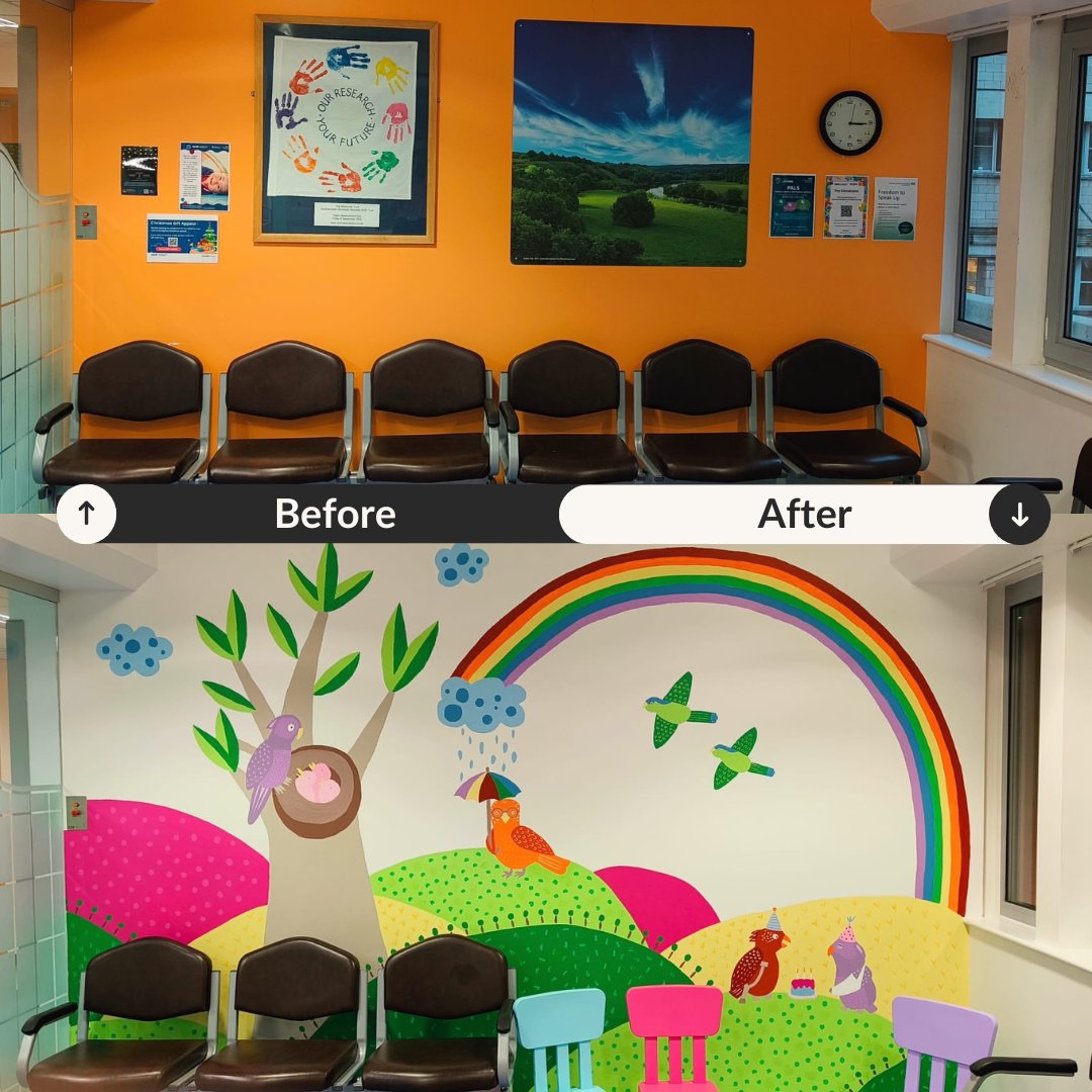 SouthamptonCRF's tweet photo. What a transformation!

Some of our amazing team have picked up their paintbrushes to brighten up our waiting area 🌈🎨

Over 36 hours of work went into this makeover, which was funded by two parents from our hip clinic. Thank you to everyone involved 💙 https://t.co/ZqcOpqY361
