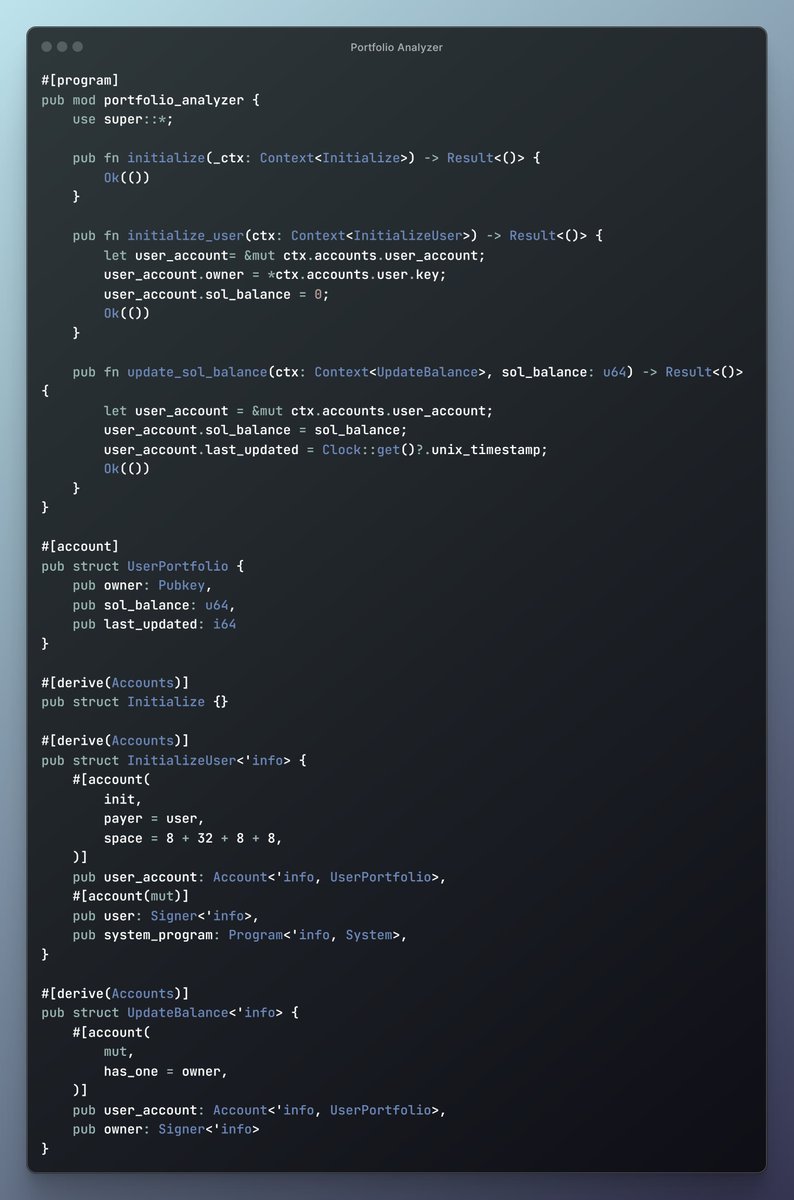SegFault_Dev's tweet image. Just finished writing a smart contract for a Portfolio Analyzer dApp 

Got stuck midway, so I used a little AI assist to break through and shape the contract structure.

It’s wild how AI + Web3 can boost solo dev velocity.
Onwards. #Solana #RustLang #Web3 #BuildInPublic