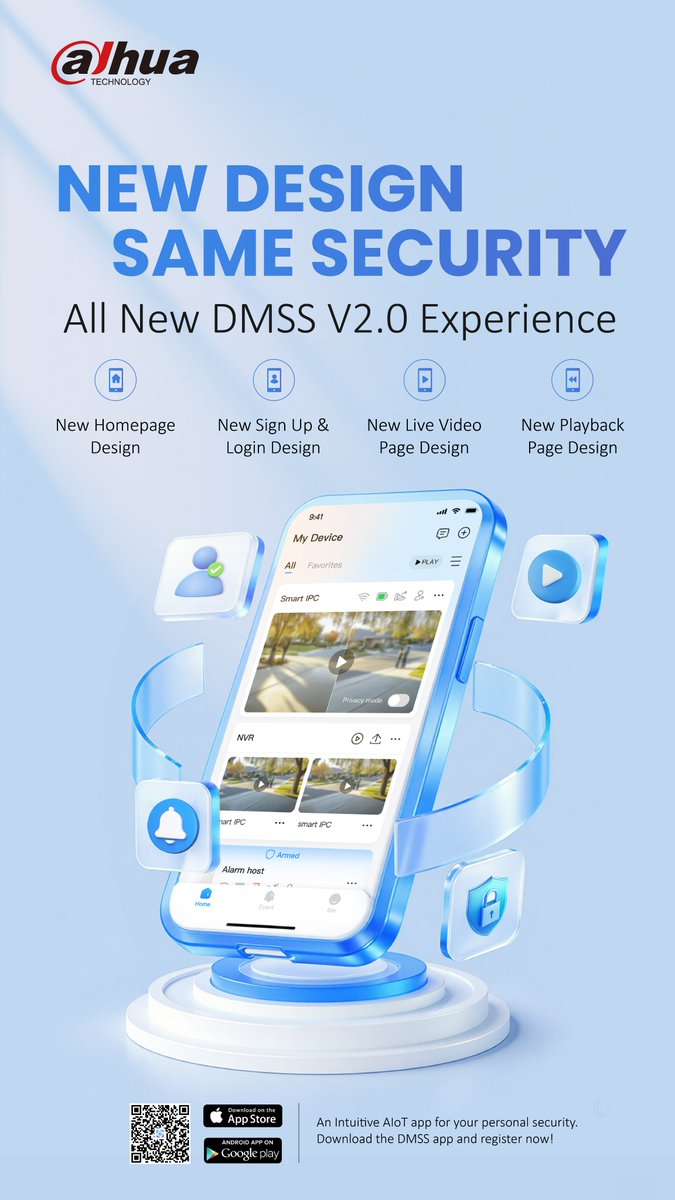 DahuaHQ's tweet photo. NEW DESIGN, SAME SECURITY
An Intuitive AloT app for your personal security.
⬇️ Download the DMSS app and register now!
#Dahua #DMSS https://t.co/I7O9wjIn9v