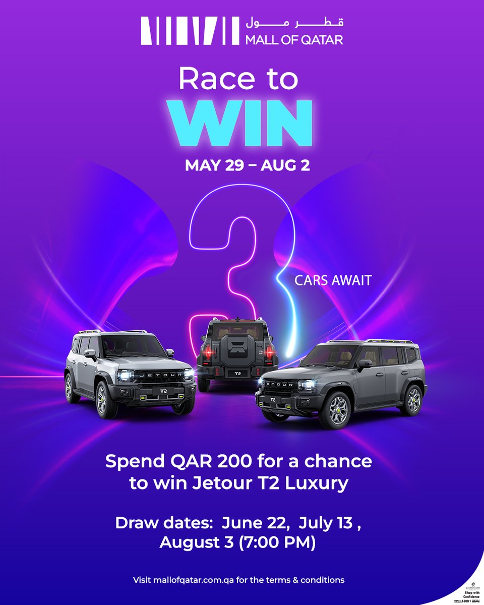 Your journey to luxury starts at Mall of Qatar! 🛍️
Shop for QAR 200 from May 29 to Aug 2 and enter the draw to win 1 of 3 Jetour T2 Luxury cars! 🚗
Draws on June 22, July 13 &amp; Aug 3 at 7 PM.
#ShopAndWin #Jetour #QatarSummer #Qatar