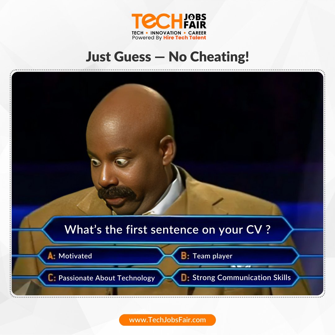 techjobsfair's tweet image. 🎯 Without looking, what’s the first sentence on your CV?

No cheating — just guess and drop it in the replies.

Bonus if it includes:
→ motivated
→ team player
→ passionate about technology

Let’s find the CV twins 👇

#CVFails #TechCVs #HireTechTalent #CandidateLife