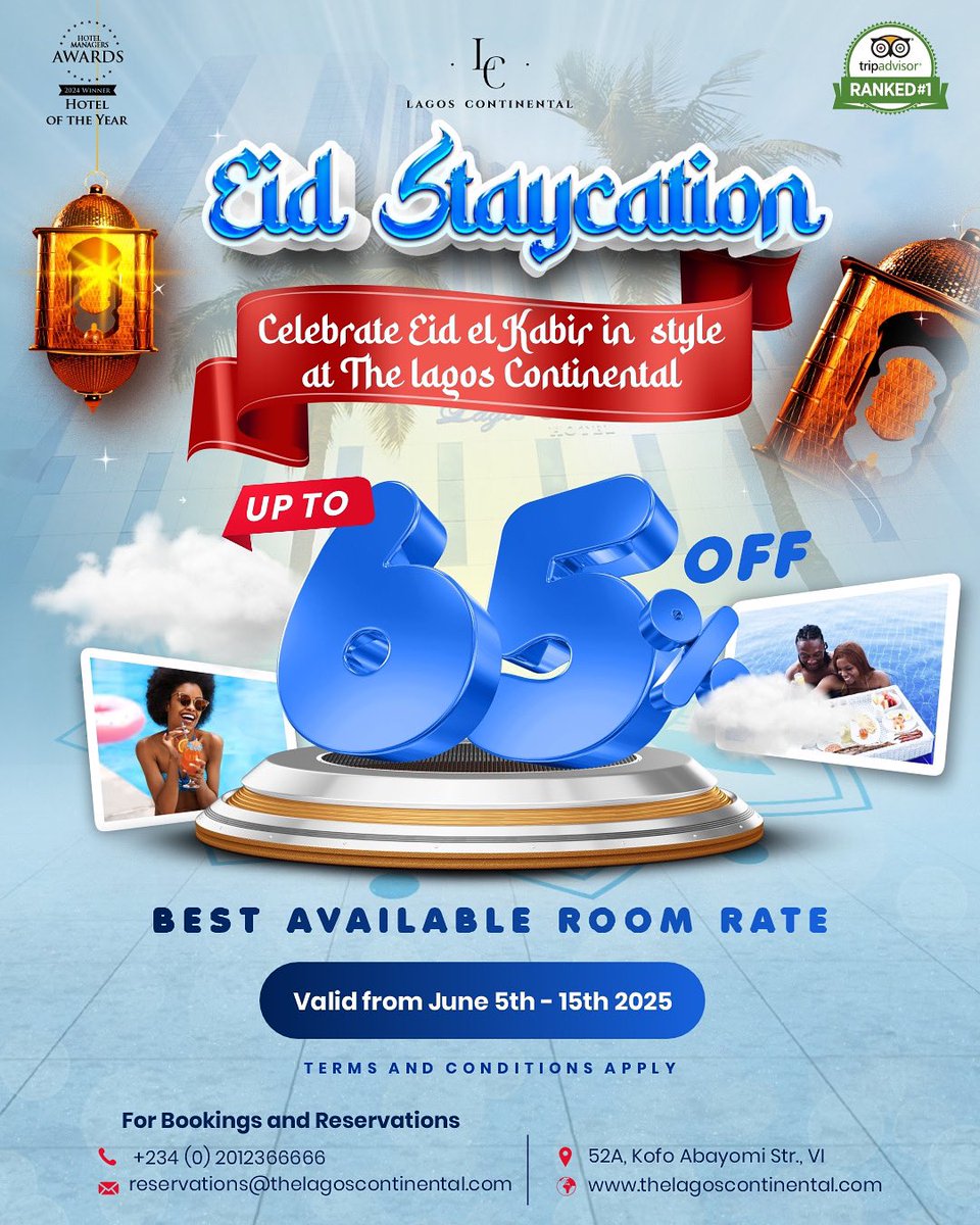 Lagos Continental (@thelchotel) on Twitter photo This Eid-el-Kabir, treat yourself to a luxurious STAYCATION at The Lagos Continental Hotel!
Enjoy UP TO 65% OFF our best available room rates from June 5th to June 15th!
Don't miss out
Email: reservations@thelagoscontinental.com
Call: +234 (0)2012366666
#EidStaycation This Eid-el-Kabir, treat yourself to a luxurious STAYCATION at The Lagos Continental Hotel!
Enjoy UP TO 65% OFF our best available room rates from June 5th to June 15th!
Don't miss out
Email: reservations@thelagoscontinental.com
Call: +234 (0)2012366666
#EidStaycation