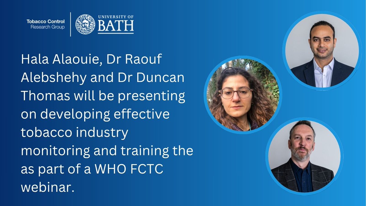 Tobacco Control Research Group (@bathtr) on Twitter photo 🌟 Next Thursday, TCRG will be contributing to a webinar on #tobaccocompany lobbying and influence on public #healthpolicy organised by the <a href="/FCTC_SurvKH/">WHO FCTC Knowledge Hub on Surveillance</a>.
Find out more and register: extranet.who.int/fctcapps/fctca…
#PublicHealth #TobaccoControl #WHOFCTC 🌟 Next Thursday, TCRG will be contributing to a webinar on #tobaccocompany lobbying and influence on public #healthpolicy organised by the <a href="/FCTC_SurvKH/">WHO FCTC Knowledge Hub on Surveillance</a>.
Find out more and register: extranet.who.int/fctcapps/fctca…
#PublicHealth #TobaccoControl #WHOFCTC