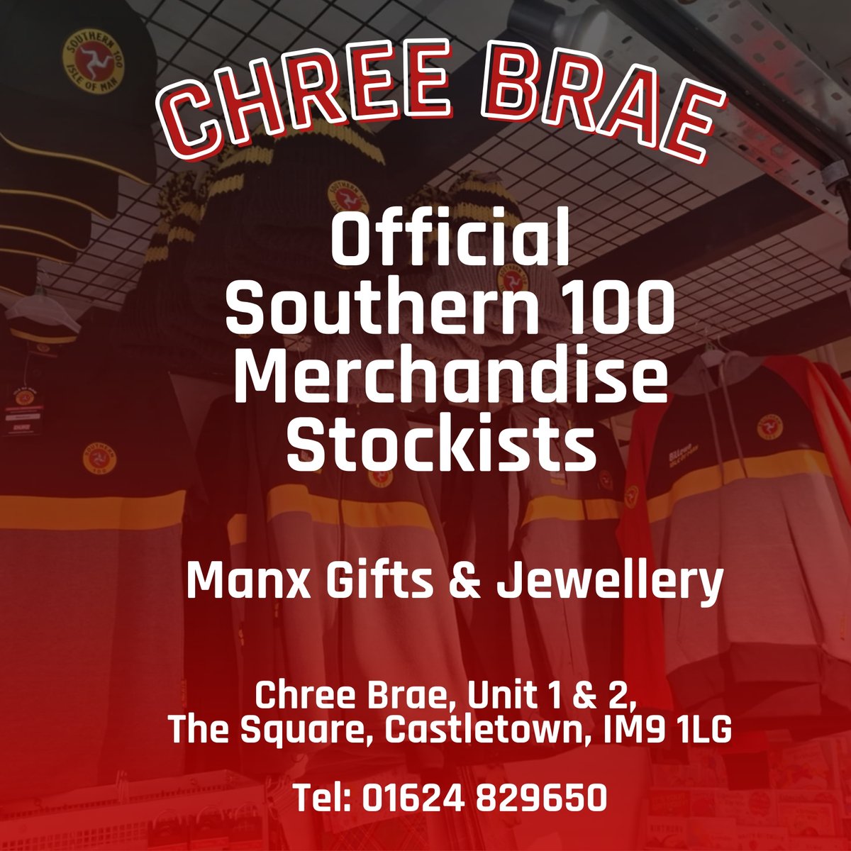 S100isleofman's tweet image. Enjoying the TT buzz and excited for the Southern 100 in July?

Head over to Chree-Brae Gifts &amp;amp; Jewellery at Unit 1, The Square, Castletown and see Diane for the latest Southern 100 merchandise.

Diane is open 10am - 5pm, Monday to Friday and 10am - 2pm on Sunday's.