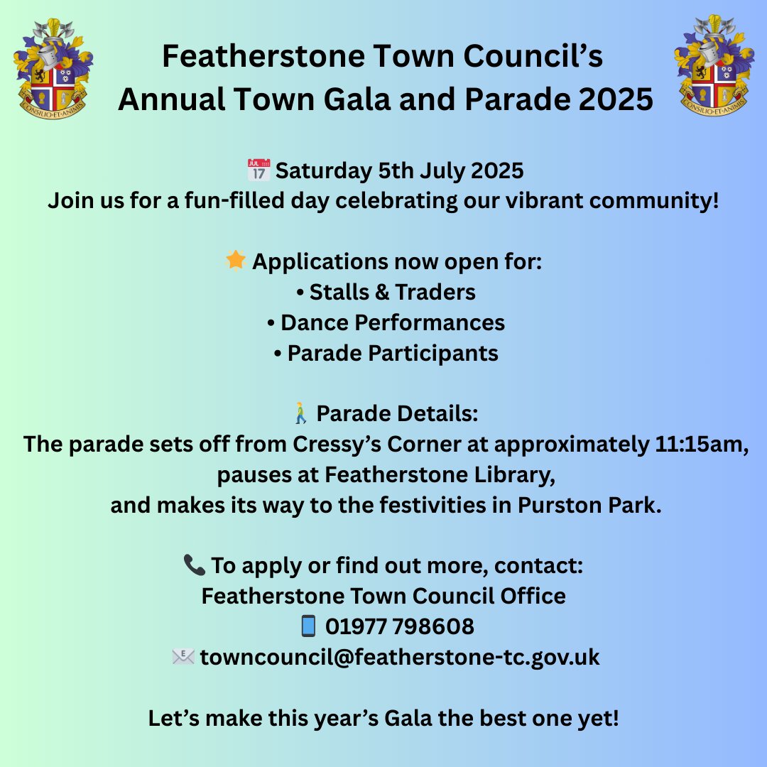 Exciting News! 
Plans are underway for the Town Council's Annual Town Gala and Parade – and we can't wait to celebrate with you!
Save the Date: Saturday 5th July 2025

#towngala2025 #fev25 #CommunityCelebration #paradefun