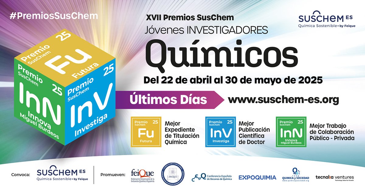 Mañana termina el plazo para presentar tu candidatura a los #PremiosSusChem 2025, ¡no pierdas la oportunidad de destacar tu trabajo en cualquier ámbito de la #química #sostenible!

Consulta las bases para sus 3 categorías y ¡participa! Aún estás a tiempo👉bit.ly/3d3HzHv