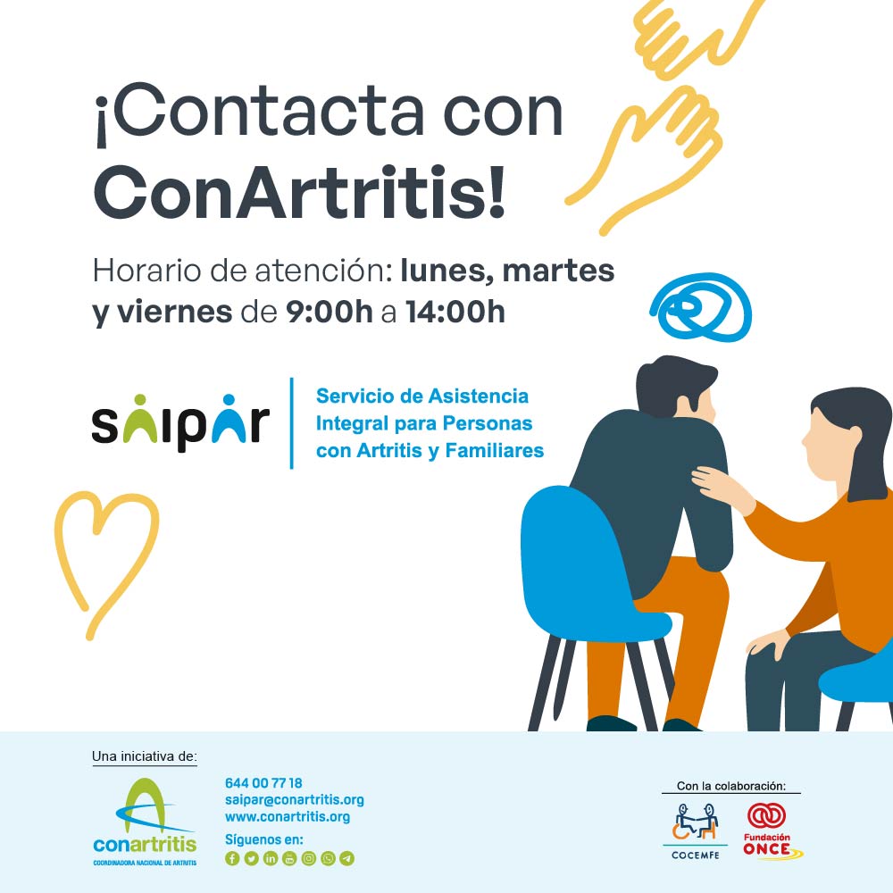 ConArtritis (@conartritis) on Twitter photo Aquí estamos. Atendiendo tus dudas y dándote soporte para que no te sientas solo.
🕰️Horario de atención: lunes, martes y viernes de 9:00h a 14:00h.
📞644007718
📧saipar@conartritis.org
#saipar #artritisreumatoide #artritispsoriásica #aij #espondilitisanquilosante Aquí estamos. Atendiendo tus dudas y dándote soporte para que no te sientas solo.
🕰️Horario de atención: lunes, martes y viernes de 9:00h a 14:00h.
📞644007718
📧saipar@conartritis.org
#saipar #artritisreumatoide #artritispsoriásica #aij #espondilitisanquilosante