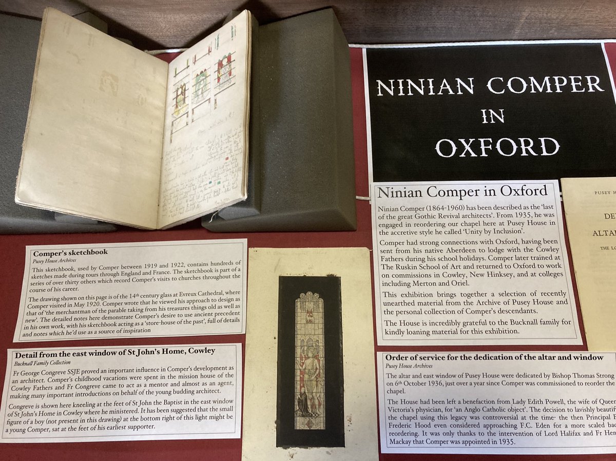PuseyHouseLib's tweet image. In honour of the great architect Sir Ninian Comper we have an exhibition about him in our library, featuring his notebook from our archive and some of his sketches kindly lent to us by his descendants. 
Come and take a look before Harry Spain’s lecture about Comper at 4pm today!