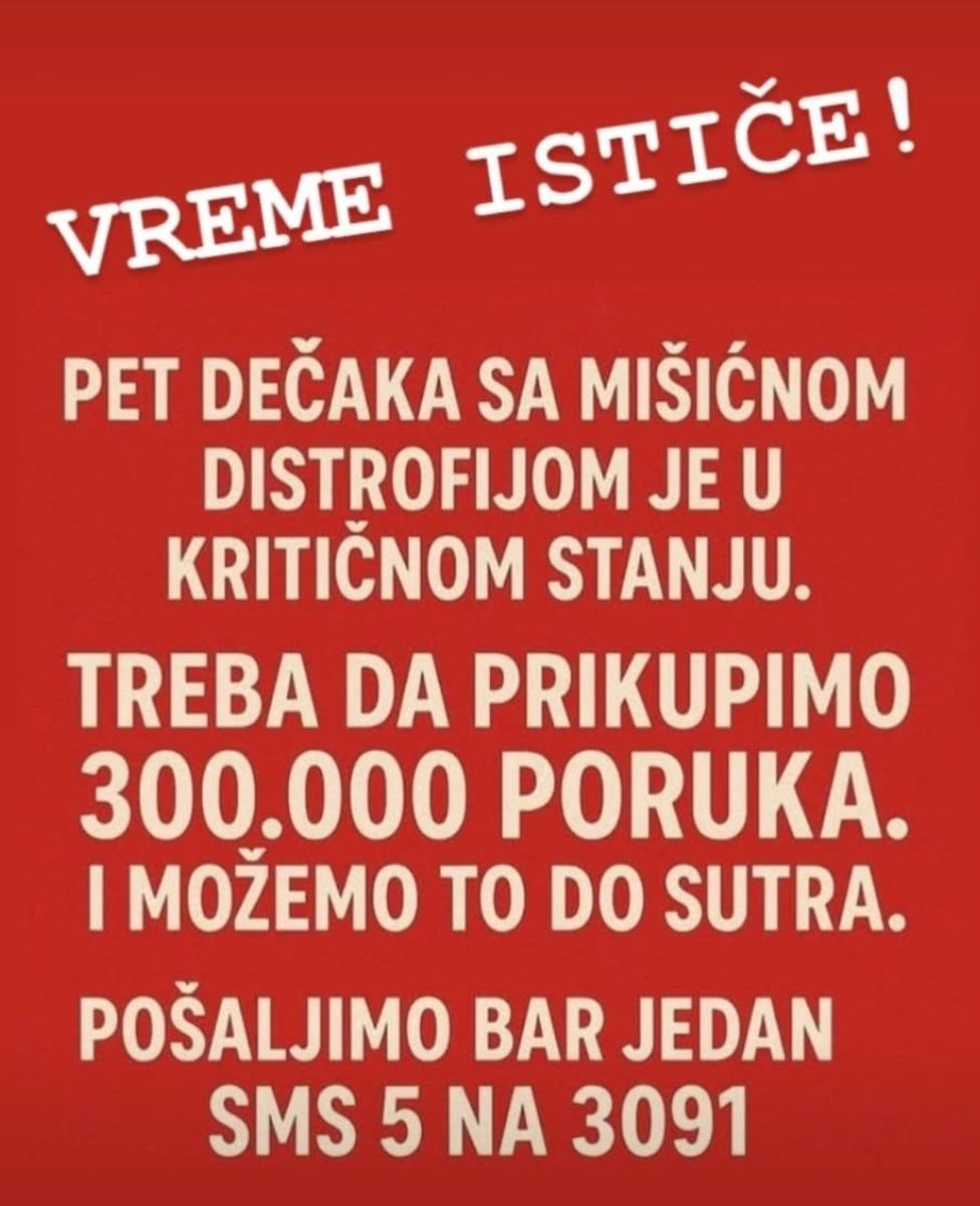 Važno! Sad svi treba da pošaljemo sms 5 na 3091 da bi pet dečaka dobilo priliku za izlečenje! Zamolila bih sve koji mogu da pošalju SMS! 🧸