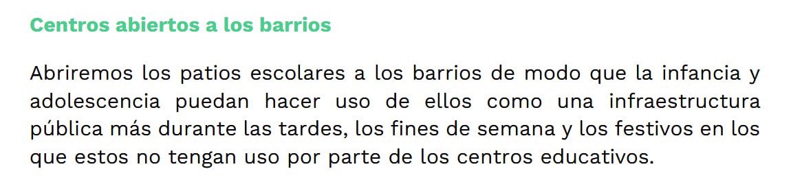 A falta de saber cómo se financiará, abrir los coles por las tardes es una buena noticia . Por eso lo llevábamos en el programa de 2023.

Eso sí,  Ayuso debería ampliarlo a los institutos, los derechos de la infancia no terminan cuando cumples 12 años y pasas a secundaria .