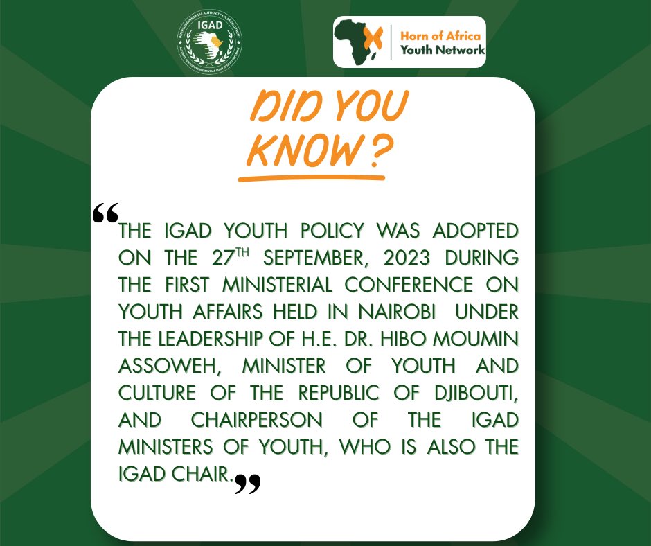 HornofAYN's tweet photo. The adoption of the IGAD Youth Policy is more than a milestone,it’s a powerful recognition of the potential, voice and leadership of young people across the IGAD region.This policy paves the way for increased youth participation.

#IGADYouthPolicyinAction #UnpackingIGAD https://t.co/QLYUx9hIyJ