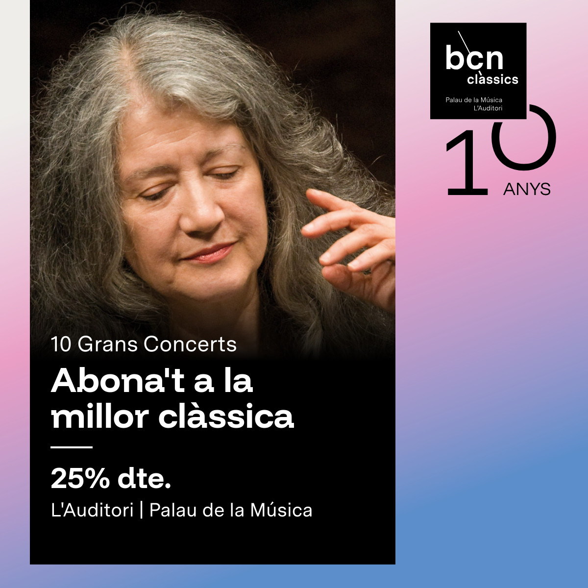 BCN Clàssics 🎼 (@bcnclassics) on Twitter photo Les nostres opcions d'abonaments us permetran gaudir de 10 concerts amb fins un 25% de descompte!
Grans mites de la clàssica com Martha Argerich el proper 16 de març al <a href="/palaumusicacat/">Palau de la Música Catalana</a>. Acompanyada per <a href="/charlesdutoitvf/">Charles Dutoit</a> i Orchestra della Svizzera Italiana. Les nostres opcions d'abonaments us permetran gaudir de 10 concerts amb fins un 25% de descompte!
Grans mites de la clàssica com Martha Argerich el proper 16 de març al <a href="/palaumusicacat/">Palau de la Música Catalana</a>. Acompanyada per <a href="/charlesdutoitvf/">Charles Dutoit</a> i Orchestra della Svizzera Italiana.