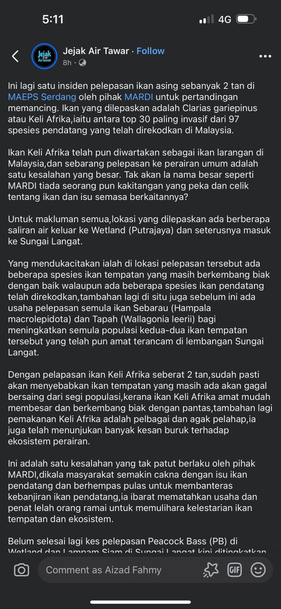 chairmanGLC's tweet photo. Apa benda ni MARDI lepaskan ikan pendatang terlarang ke tasik yang bersambung ke sungai kita? 2 tan Keli Afrika woi. Mana DOF Malaysia ni? https://t.co/FgpuEPiU5D