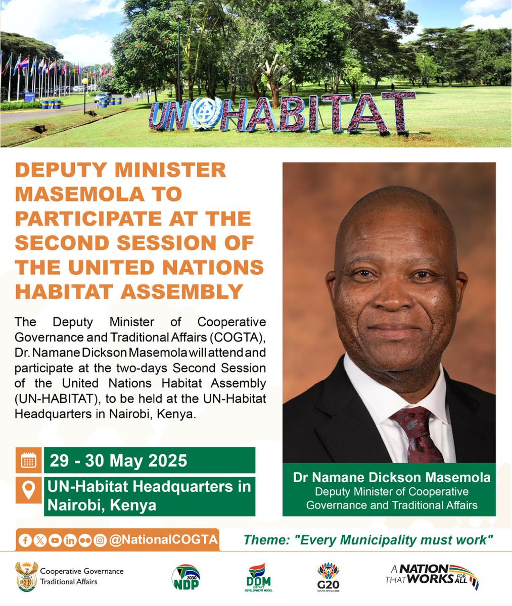 NationalCoGTA's tweet image. Deputy Minister of Cooperative Governance and Traditional Affairs, Dr. Namane Dickson Masemola, will be participating in the Second Session of the United Nations-Habitat Assembly (UN-HABITAT) 

#UNHabitatAssembly #COGTA #SustainableDevelopment #UrbanAgenda