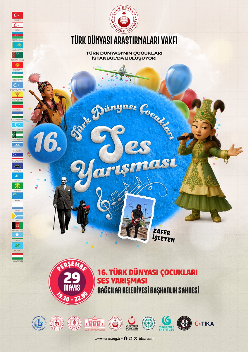 25. Türk Dünyası Çocuk Şöleni'nin üçüncü etkinliği 16. Türk Dünyası Çocukları Ses Yarışması

29 Mayıs 2025 Perşembe günü Saat 19.30’dan itibaren Bağcılar Belediyesi Başkanlık Sahnesi'nde gerçekleştirilecektir. “16. Türk Dünyası Çocukları Ses Yarışması”na her gruptan önceden