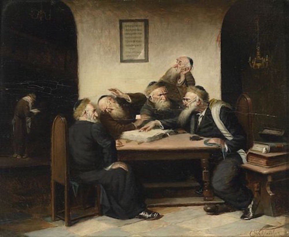 Rodean la mesa rostros rabínicos sombríos, ojos con malicia ardiente, susurros venenosos. La oscuridad danza en sus tramas astutas. Sin conciencia, puñaladas ocultas asestan, guardianes viles del Talmud.