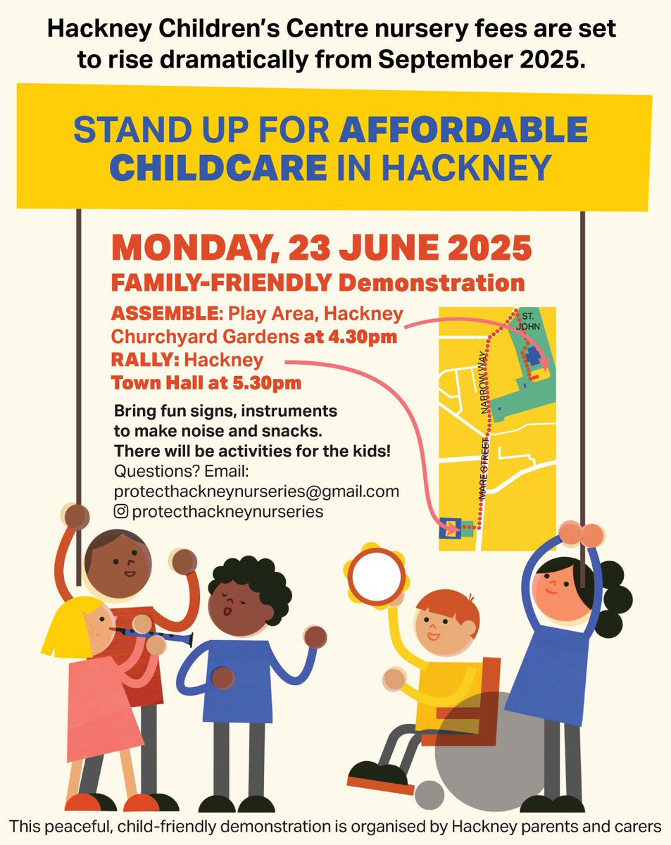 📣 Our parent-led demonstration against fee increases. 📣 Join us for a 🚶🏻‍♀️🪧 march to Town Hall starting at *4:30pm on 23 June* We’re asking <a href="/hackneycouncil/">Hackney Council</a> to pause the planned nursery fee hike and rethink their policy.