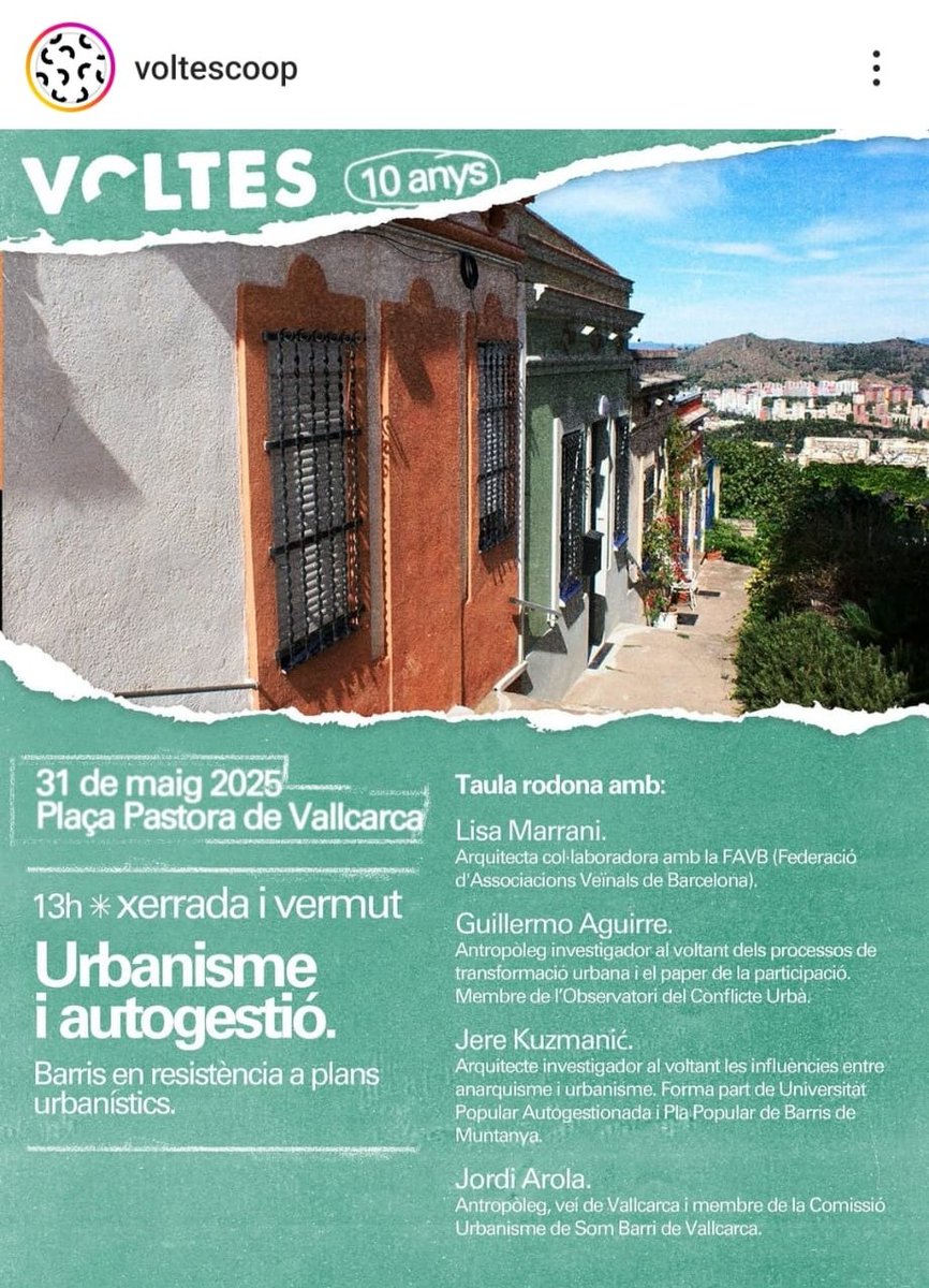 📣 Taula rodona per a celebrar el 10°
 aniversari de <a href="/voltescoop/">Voltes cooperativa d'arquitectura</a> :

 "Urbanisme i autogestió. Barris en resistència a plans urbanístics"

🗓️ 31 Maig
📍Plaça Pastora de Vallcarca

#urbanisme #autogestió #arquitectura #MIGA