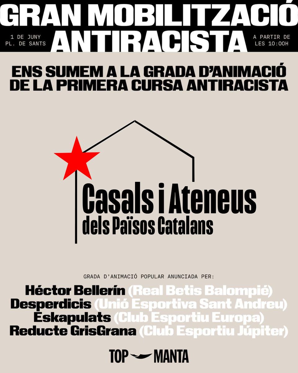 Des de la Xarxa de Casals i Ateneus dels Països Catalans ens sumem al manifest de suport a la I Cursa Antiracista de Barcelona organitzada per <a href="/sindicatomanter/">✳️ Sindicat Manter BCN</a> ! 

Us emplacem a assistir a la grada d’animació de la cursa l’1 de juny a les 10h a Plaça de Sants!✊🏽🏃🏽‍♀️