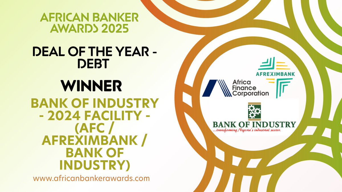 African Banker magazine (@bankermagazine) on Twitter photo ๐ธ Deal of the Year - Debt
The Deal of the Year โ Debt award goes to <a href="/BOINigeria/">Bank of Industry, Nigeria</a> Bank of Industry for its 2024 facility with <a href="/africa_finance/">Africa Finance Corporation</a> AFC / <a href="/afreximbank/">African Export-Import Bank - Afreximbank</a> / <a href="/BOINigeria/">Bank of Industry, Nigeria</a> Bank of Industry.
An exemplary deal that highlights new possibilities in African debt financing through ๐ธ Deal of the Year - Debt
The Deal of the Year โ Debt award goes to <a href="/BOINigeria/">Bank of Industry, Nigeria</a> Bank of Industry for its 2024 facility with <a href="/africa_finance/">Africa Finance Corporation</a> AFC / <a href="/afreximbank/">African Export-Import Bank - Afreximbank</a> / <a href="/BOINigeria/">Bank of Industry, Nigeria</a> Bank of Industry.
An exemplary deal that highlights new possibilities in African debt financing through