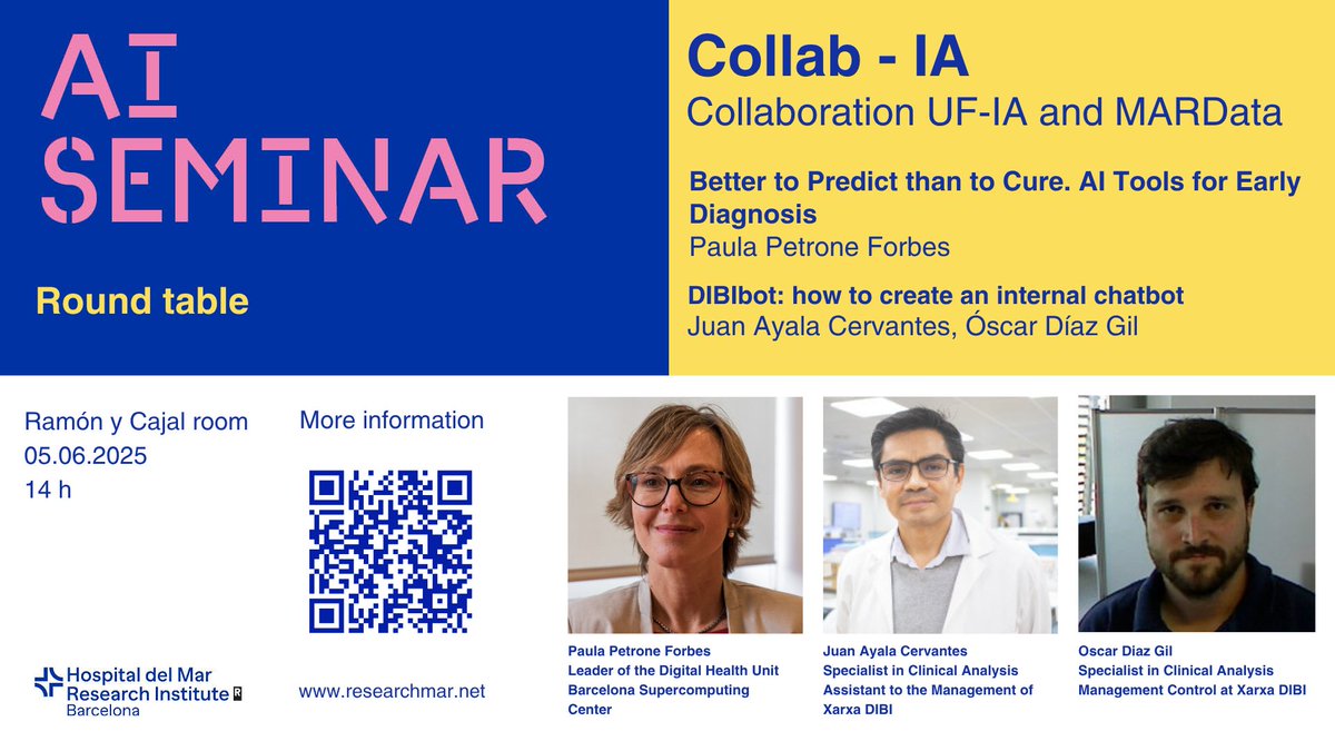 🤖 Torna #CollabIA!  

📅 5 de juny ⏰ 14 h 📍 Sala Ramon y Cajal

Amb Paula Petrone (<a href="/BSC_CNS/">BSC-CNS</a>), Juan Ayala i Óscar Díaz (<a href="/DibiXarxa/">Dibi· Xarxa de diagnòstic biomèdic i per la imatge</a>)

#IA participativa i #salutdigital per impulsar la innovació en medicina

🔗 researchmar.net/agenda_en/960

<a href="/hospitaldelmar/">Hospital del Mar</a> <a href="/the_prbb/">Biomedicina BCN</a>