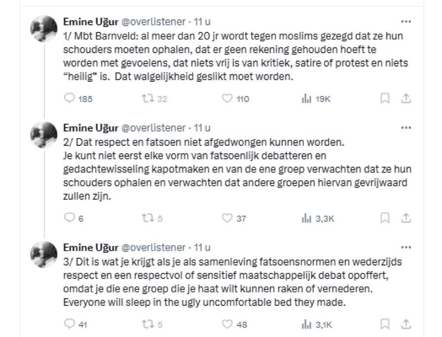 Een ex-woke docent (@eenexwokedocent) on Twitter photo Even over Barneveld. Oemmane <a href="/overlistener/">Emine Uğur</a> heeft natuurlijk helemaal gelijk. Wat hebben wij moslims op gruwelijke wijze tekortgedaan, door ze hier niet direct bij binnenkomst tot onaantastbare morele autoriteit te verheffen. Door niet meteen de sharia in te voeren.
We dachten Even over Barneveld. Oemmane <a href="/overlistener/">Emine Uğur</a> heeft natuurlijk helemaal gelijk. Wat hebben wij moslims op gruwelijke wijze tekortgedaan, door ze hier niet direct bij binnenkomst tot onaantastbare morele autoriteit te verheffen. Door niet meteen de sharia in te voeren.
We dachten
