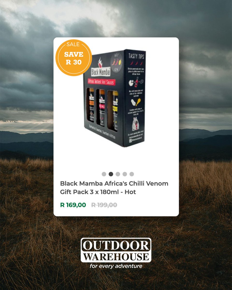 Spice up their next adventure 🌶️⛺

Get 15% OFF Black Mamba Gift Packs at Outdoor Warehouse. 

Valid until 23 June. Order online at outdoorwarehouse.co.za 🐍