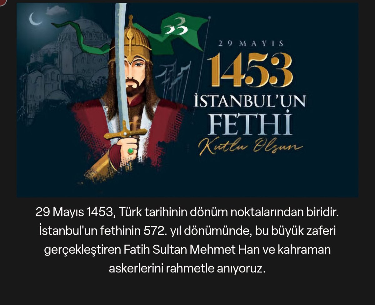 Türk vаtаnının ziyneti, Türk tаrihinin serveti, Türk milletinin gözbebeği İstаnbul, bütün vаtаndаşlаrın kаlbinde yeri olаn şehirdir. "İstanbul’u bizlere miras bırakan Fatih Sultan Mehmet ve aziz şehitlerimizi saygıyla anıyorum.
#İstanbulunFethiKutluOlsun 
#istanbul