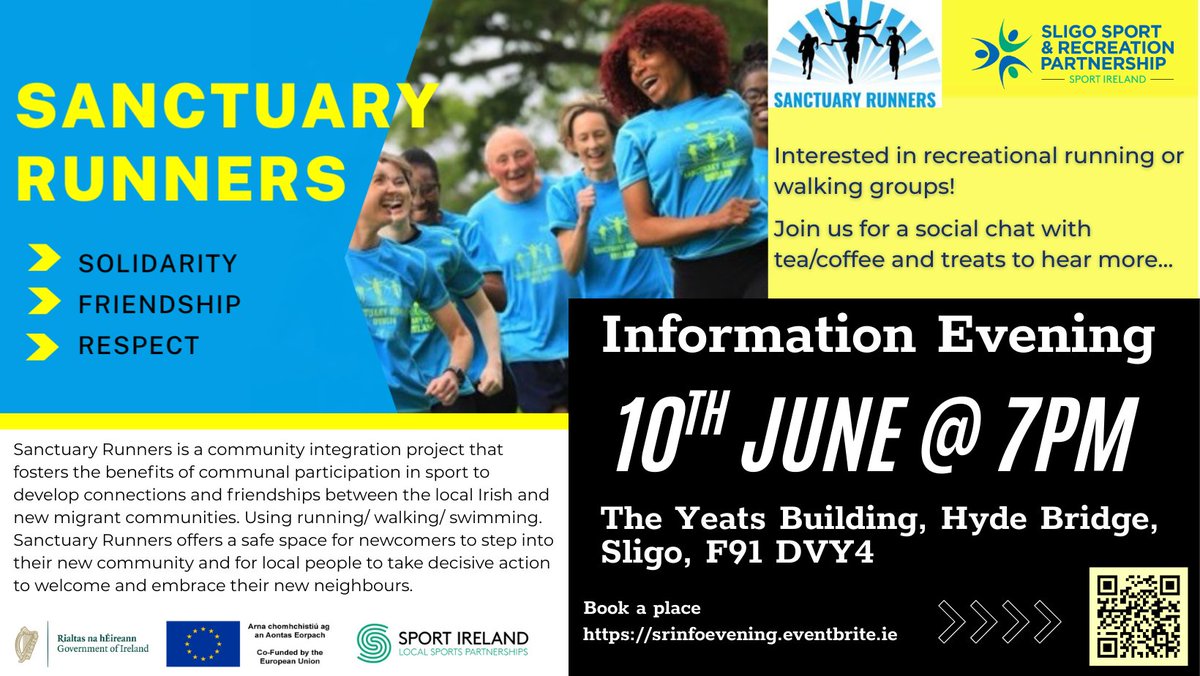 Sligo Sport and Recreation Partnership (@ssrpsligo) on Twitter photo Are you interested in socail running or walking? 
Would you like to meet new people with similar interests? 
Tuesday 10th June we are hosting an information evening with tea/coffee at 7pm in the Yeats Building, Sligo. Book a seat at srinfoevening.eventbrite.ie 
 #Sport4Empowerment Are you interested in socail running or walking? 
Would you like to meet new people with similar interests? 
Tuesday 10th June we are hosting an information evening with tea/coffee at 7pm in the Yeats Building, Sligo. Book a seat at srinfoevening.eventbrite.ie 
 #Sport4Empowerment