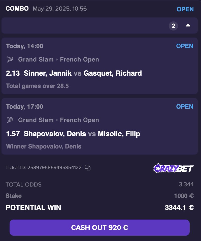 💎BET N°10 Roland-Garros💎

+ de 28.5 jeux Gasquet/Sinner + Shapovalov = 3.344🍀

Un peu risqué mais c'est certainement le dernier match de gasquet donc je lui fais confiance pour tout donner surtout contre Sinner VAMOS 💥
