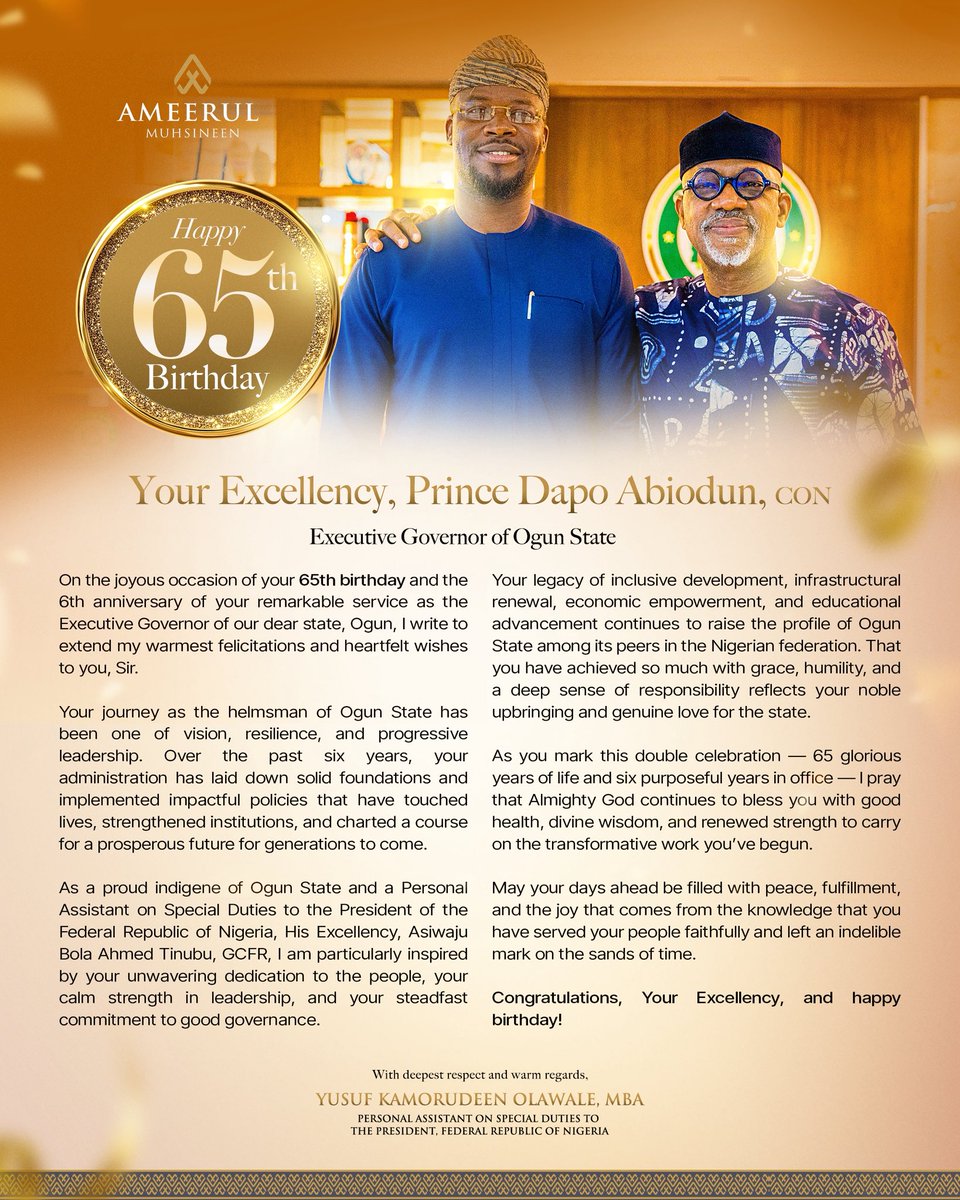 Kamorudeen Olawale Yusuf (Kamosky) (@kamoryusuf) on Twitter photo Today, I have the honour of celebrating His Excellency, Prince Dapo Abiodun, CON (<a href="/DapoAbiodunCON/">Prince Dr. Dapo Abiodun, CON</a>), on his 65th birthday and six remarkable years of service to our dear Ogun State. As a proud indigene and Personal Assistant on Special Duties to the President, I remain inspired by Today, I have the honour of celebrating His Excellency, Prince Dapo Abiodun, CON (<a href="/DapoAbiodunCON/">Prince Dr. Dapo Abiodun, CON</a>), on his 65th birthday and six remarkable years of service to our dear Ogun State. As a proud indigene and Personal Assistant on Special Duties to the President, I remain inspired by