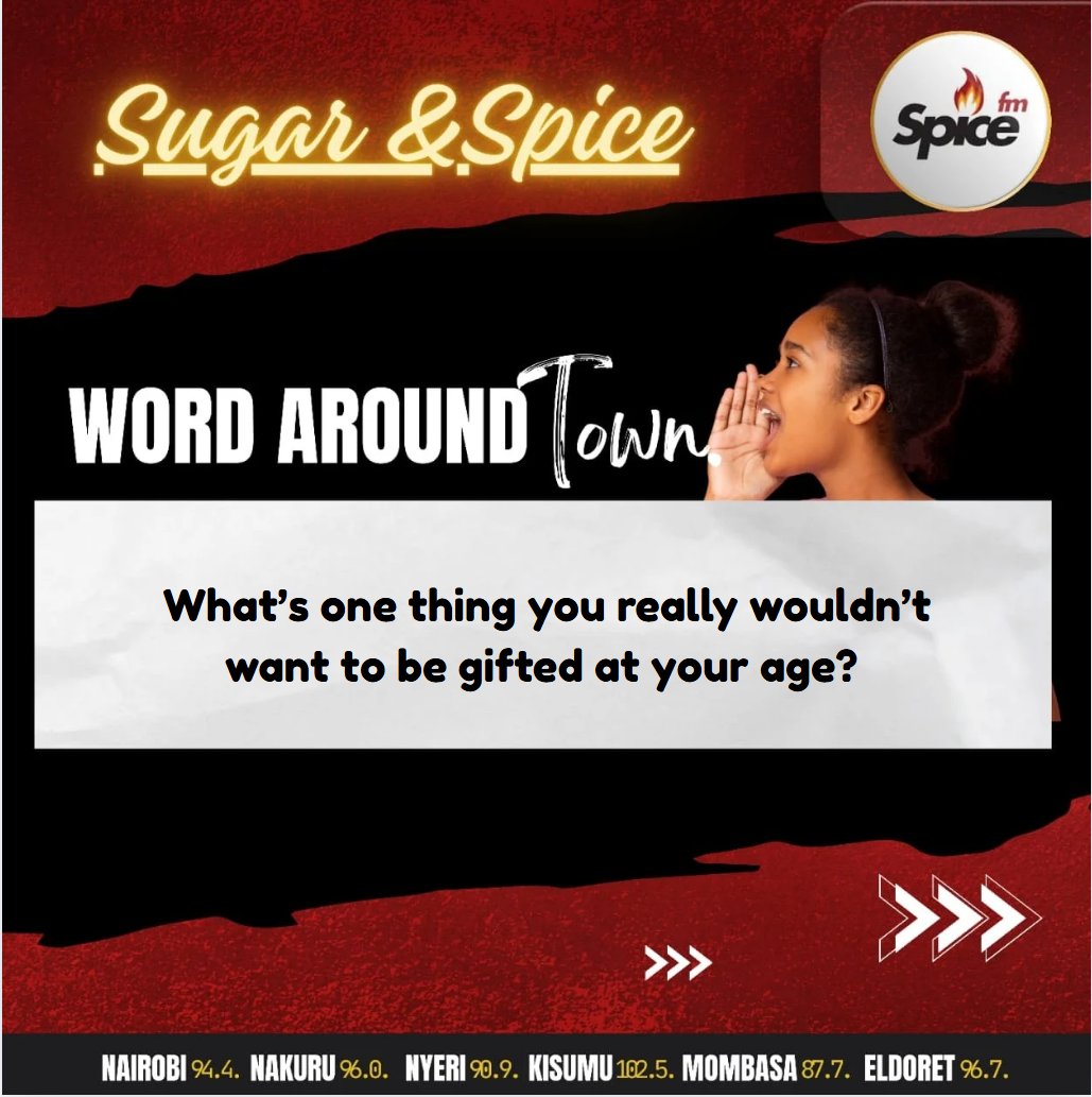 SpiceFM (@spicefmke) on Twitter photo They say itâs the thought that counts⌠but whatâs one gift youâd never want to get right now.
#SugarAndSpice #SpiceFM #WordAroundTown
<a href="/yolandamulwa/">Yolanda mulwa</a>
Listen Live: radio.garden/listen/spice-f⌠They say itâs the thought that counts⌠but whatâs one gift youâd never want to get right now.
#SugarAndSpice #SpiceFM #WordAroundTown
<a href="/yolandamulwa/">Yolanda mulwa</a>
Listen Live: radio.garden/listen/spice-fâŚ