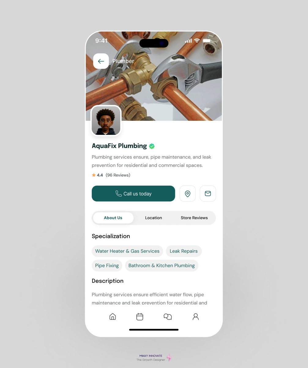 MikkyInnovate's tweet image. Day 31/365: Learning by Doing ✨
Recreated a plumbing service app profile page 
Principles I applied:
• Repetition • Balance • Visual Hierarchy
 • Contrast • Alignment • Proximity  

Open to corrections and feedback 🙏