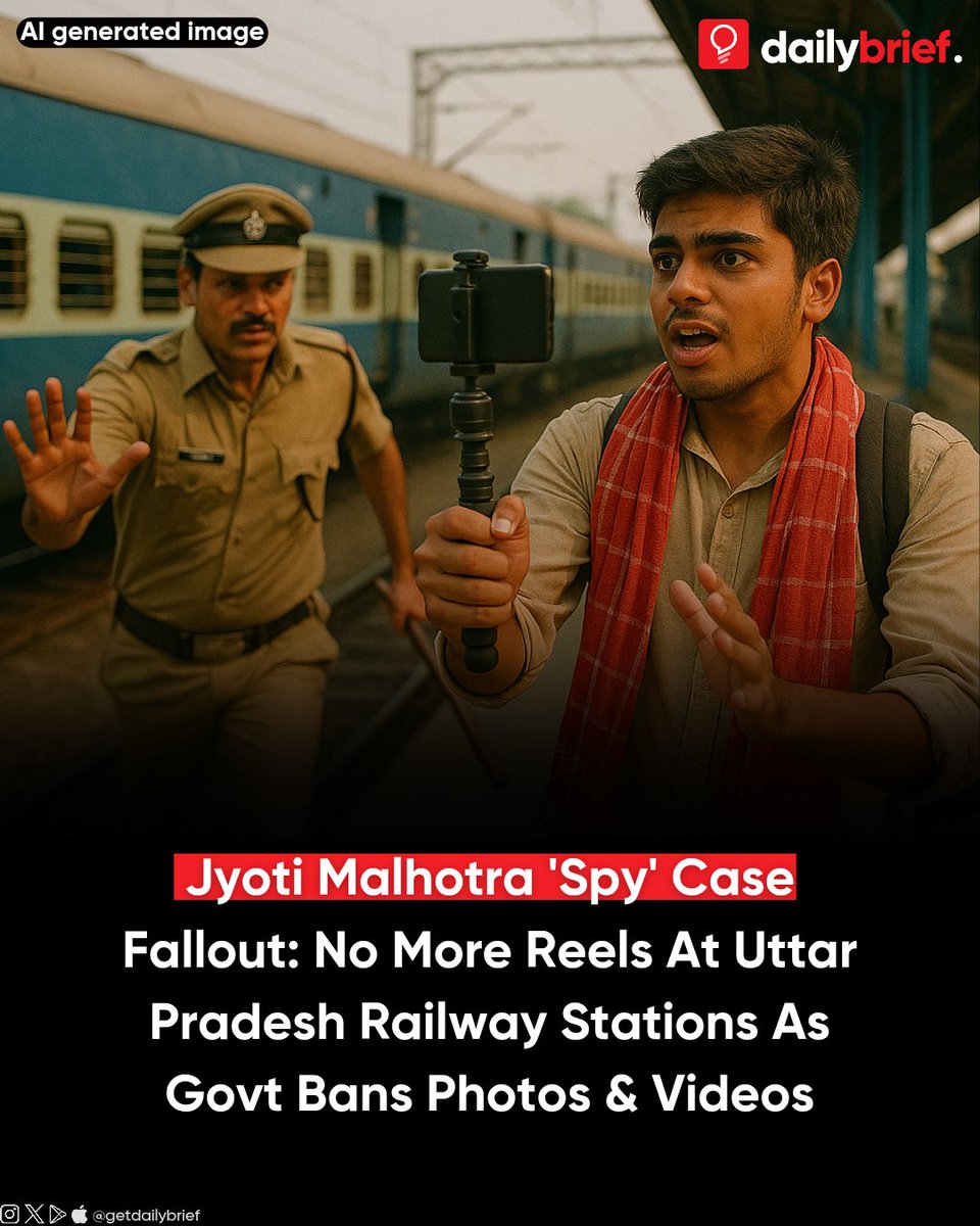 getdailybrief's tweet photo. Jyoti Malhotra 'Spy' Case Fallout: No More Reels At UP Railway Stations As Govt Bans Photos &amp; Videos. https://t.co/cMwjLVIrp4
