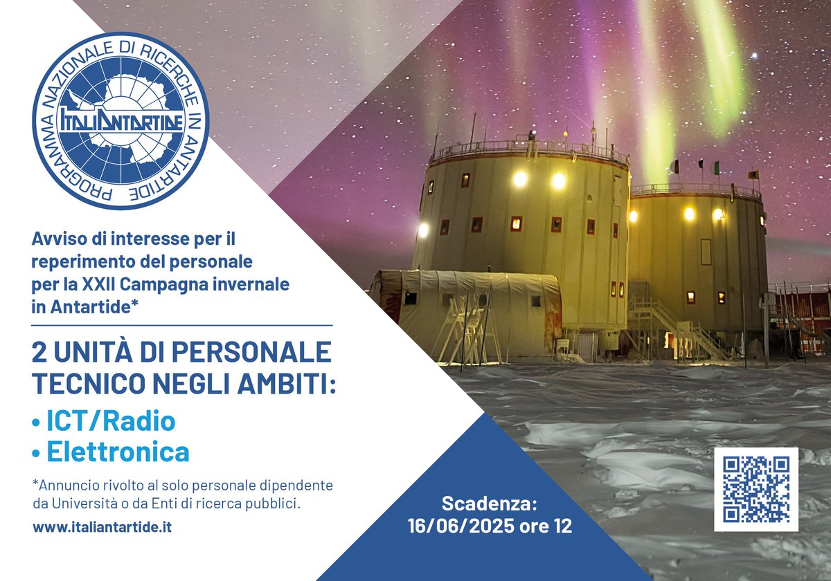Il #PNRA cerca 2 tecnici ICT/radio ed elettronica per la XXII Campagna invernale in #Antartide, da novembre 2025 a novembre 2026, presso la stazione italo-francese #Concordia, sul plateau antartico nel sito Dome C
Scedenza candidature #16giugno2025
Info👇
pnra.aq/it/avviso-di-i…
