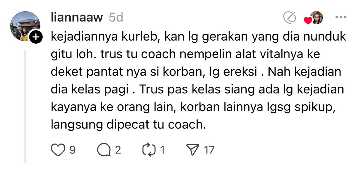 di dunia pilates jakarta lagi rame ada pelecehan yang dilakuin sama instructor pilates cowok….. 

sumpah… bener bener gak ada ruang aman buat perempuan