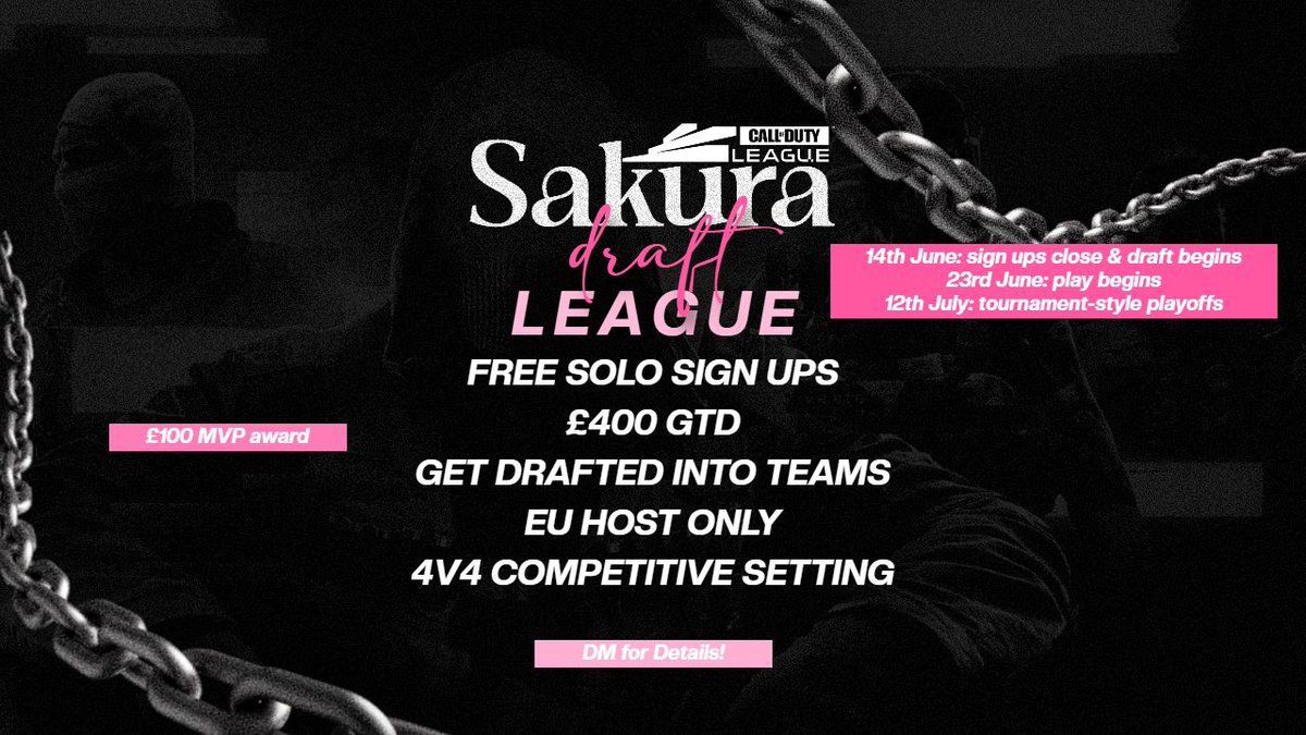 TheSakuraGG's tweet image. F*ck it, then🤪
Sakura Female Draft League

🆓 Solo Sign-Ups, get drafted into Teams
💸 £400 GTD, £100 MVP Award

📆 Sign-ups CLOSE 14th June with play BEGINNING on the 23rd of June — 3 Week League!
🇪🇺 EU Host Only

❔Want a fun yet competitive environment to play in to round…