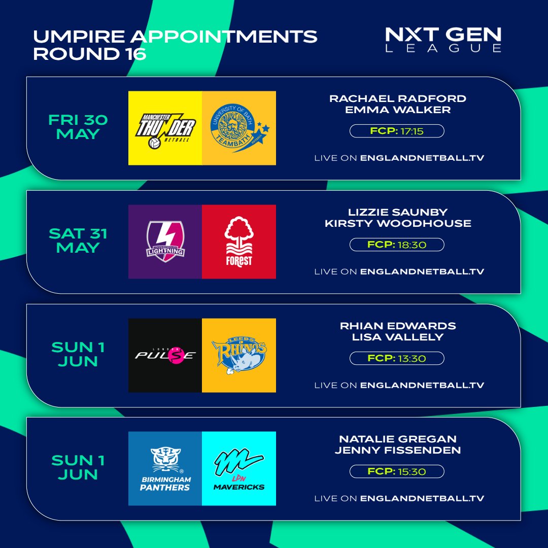It’s time to reveal the umpire appointments for Round 16 of the NXT Gen League.

🎥 Don’t miss a moment—watch live: englandnetball.tv

#OfficiatingFamily