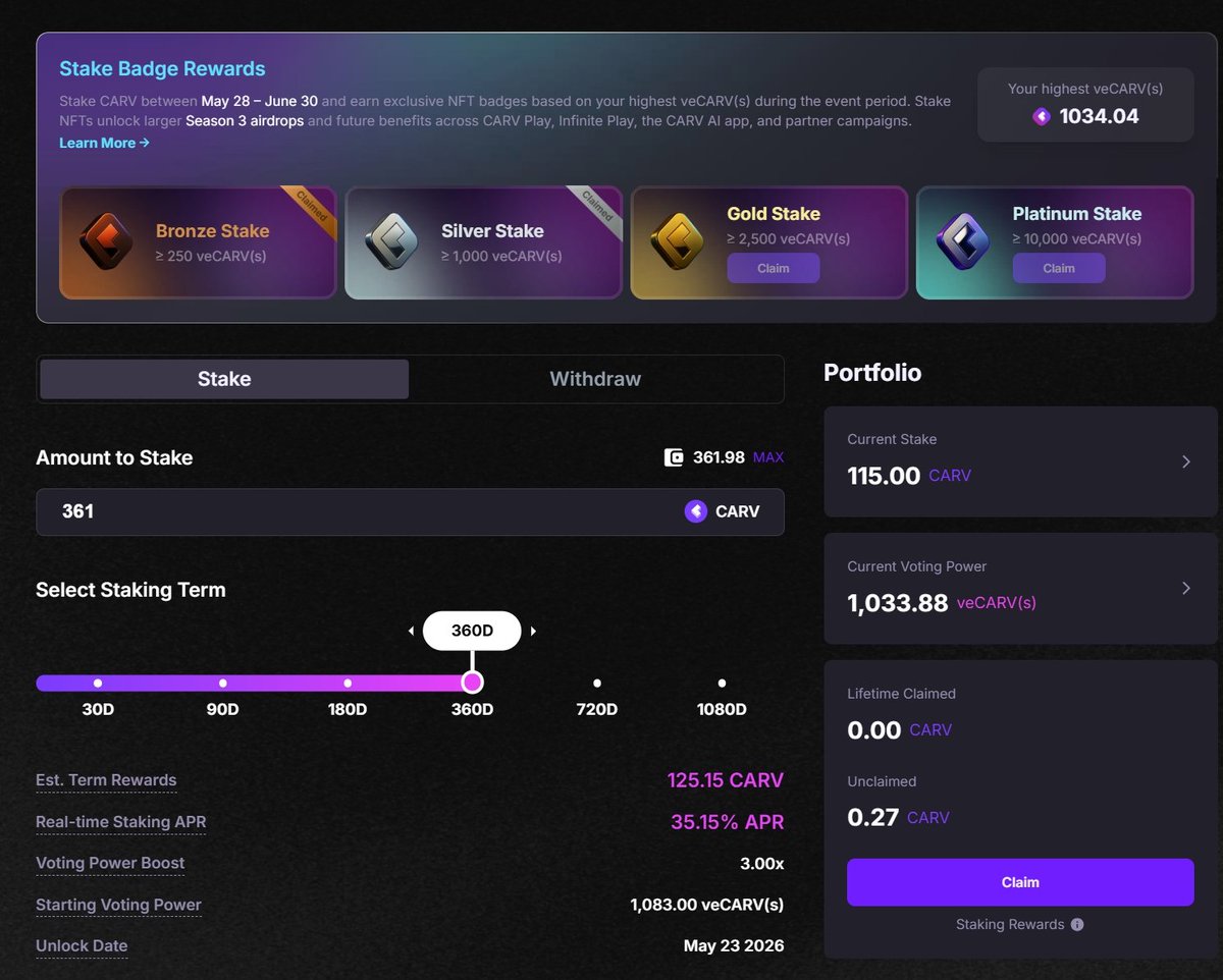 🚨 CARV 스테이크 배지 리워드 오픈!

5/28~6/30 동안 $veCARV을 많이 락업할수록
더 희귀한 배지를 받고, S3 $CARV 에어드롭도 커집니다💥
이 배지는 단순한 뱃지가 아님!
CARV Play, Infinite Play, AI 앱 등에서 혜택을 엽니다.
지금 스테이킹 👇
 stake.carv.io

<a href="/carv_official/">CARV</a>