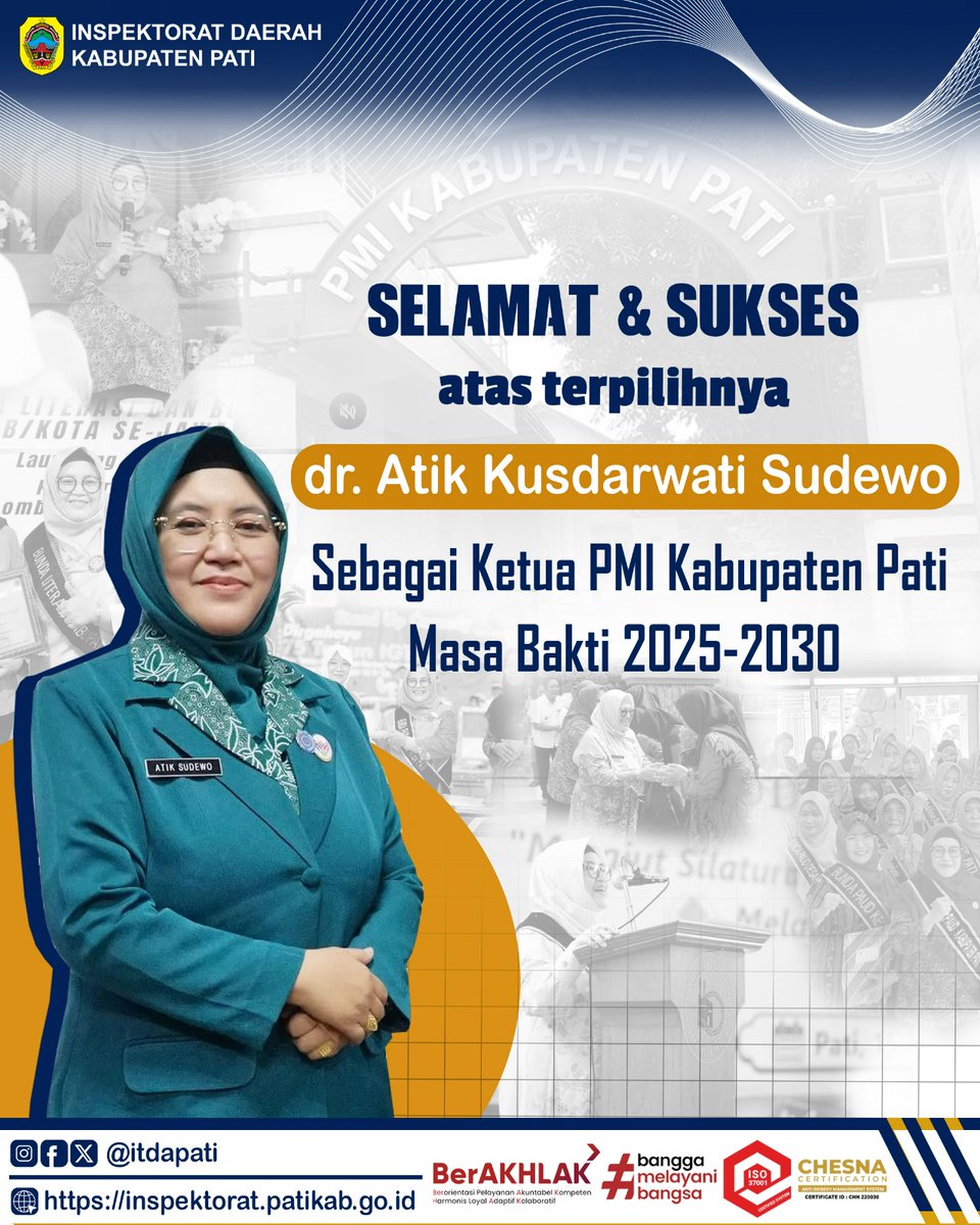itdapati's tweet image. Selamat dan sukses atas terpilihnya Ibu dr. Atik Kusdarwati Sudewo sebagai Ketua PMI Kab Pati masa bakti 2025 - 2030. Semoga selalu amanah dalam mengemban tugas, serta dapat membawa PMI Kab. Pati semakin maju dan responsif terhadap kebutuhan masyarakat.
#PMI
#PalangMerahIndonesia
