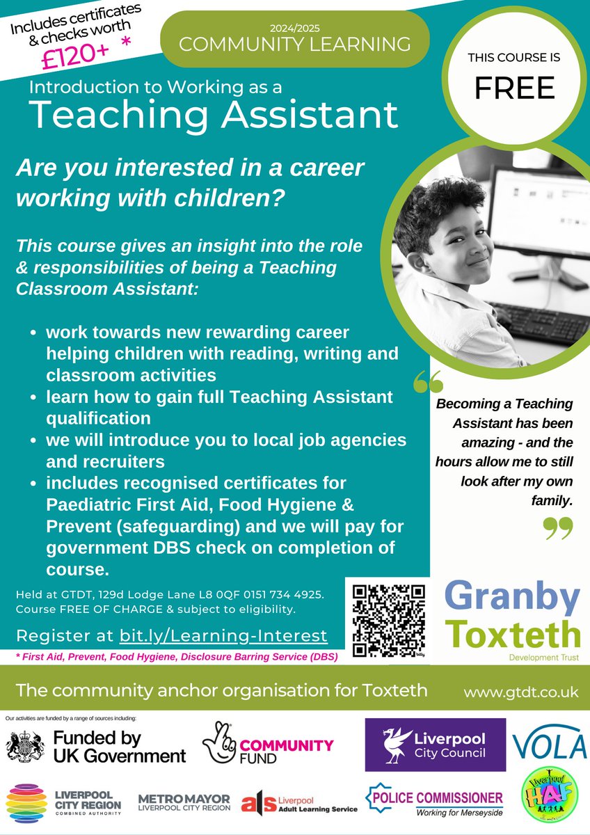 ++Last Places ++ 
Next course starts Thurs 5 June 10am-2.30, running over 5 weeks. 
Being a Teaching Assistant is hugely rewarding, every day is different and school holidays can help work fit around family time.
This course is also a useful introduction to being a childminder or