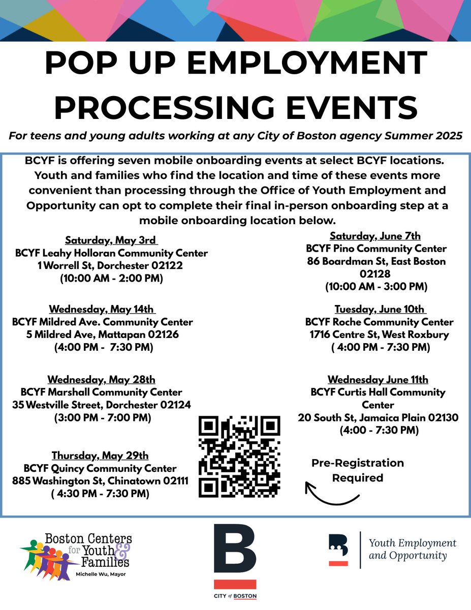 BCYF is continuing our mobile onboarding events at select BCYF locations. Youth and families can opt to complete their final in-person City summer job onboarding step at a mobile onboarding locations in the image. Pre-registration required!