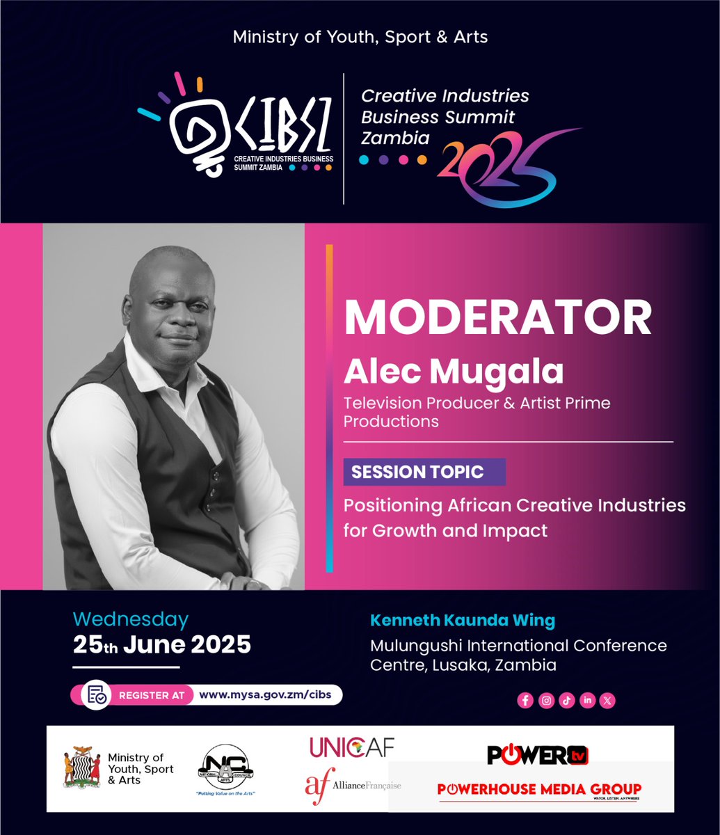 Alec Mugala, Television Producer &amp; Artist at Prime Productions, moderates the discussion on "Positioning African Creative Industries for Growth and Impact" at CIBS 2025! 🌎💡 Register now: mysa.gov.zm/cibs #CIBS2025 #AfricanCreatives #Growth