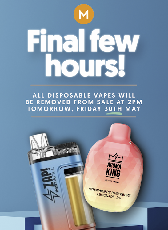 mistEliquid's tweet photo. ALL #disposable #vapes will be removed from our site at 2PM on FRIDAY, 30th MAY. 
https://t.co/gtRth0LTL0 https://t.co/xznA0sL79n