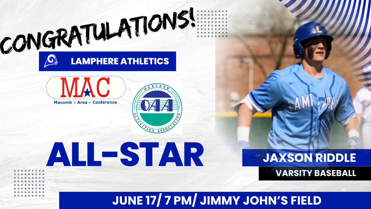 Please join us in celebrating Madonna-bound Lamphere catcher Jaxson Riddle on his selection to the annual MAC vs. OAA All-Star Game on June 17 at 7 pm at Jimmy John's Field in Utica! #wearelamphere