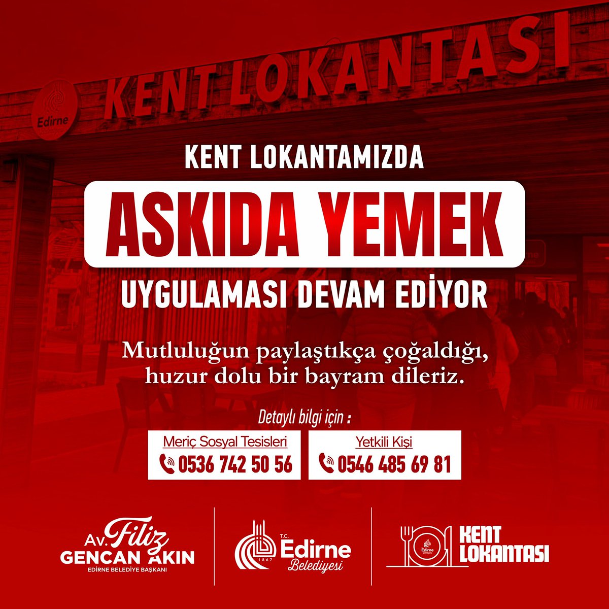 Kent Lokantamızda Askıda Yemek Uygulamamız Devam Ediyor! 

Dayanışmanın ve paylaşmanın en güzel örneklerinden biri olan askıda yemek uygulamamızla, sofralarımız bayramda da bereketlenmeye devam ediyor.

Mutluluğun paylaştıkça çoğaldığı, huzur dolu bir bayram diliyoruz.

📞 Meriç