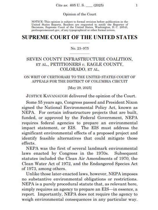 BREAKING: An 8-0 Supreme Court *limits* the scope of environmental reviews federal agencies must do for projects, saying studying immediate effects is sufficient. #SCOTUS Justice Gorsuch recused.
supremecourt.gov/opinions/24pdf…